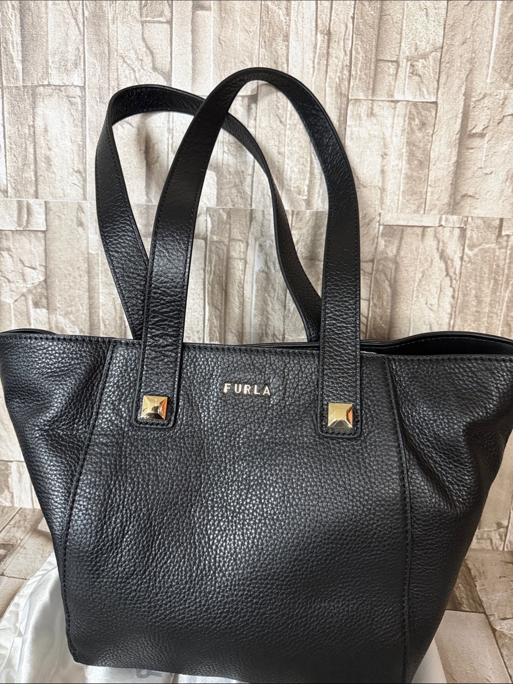 Furla Black Leather Tote with Gold Accents